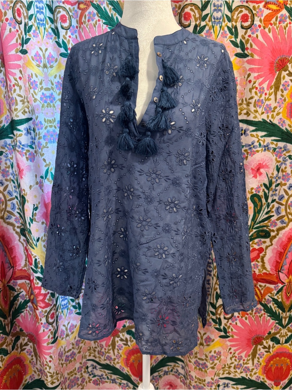 Johnny Was Jade Blue Long Sleeve Top SMALL Cotton Cottagecore Tassel